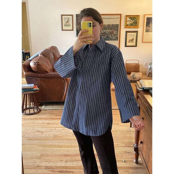 Lafayette 148 Oversized Striped Poplin Button Down Shirt - Picture 1 of 9